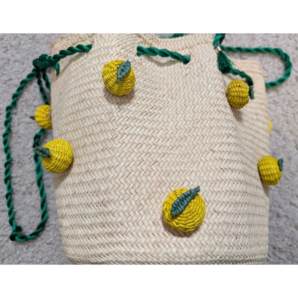 Mercedes Salazar Raffia Wicker Rattan Lemon Mini Bucket Tote Bag - Picture 2 of 8